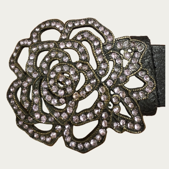 Vintage Glitz Pink Rhinestone Black Leather Belt Sz 35"-39" EUC - Picture 8 of 12